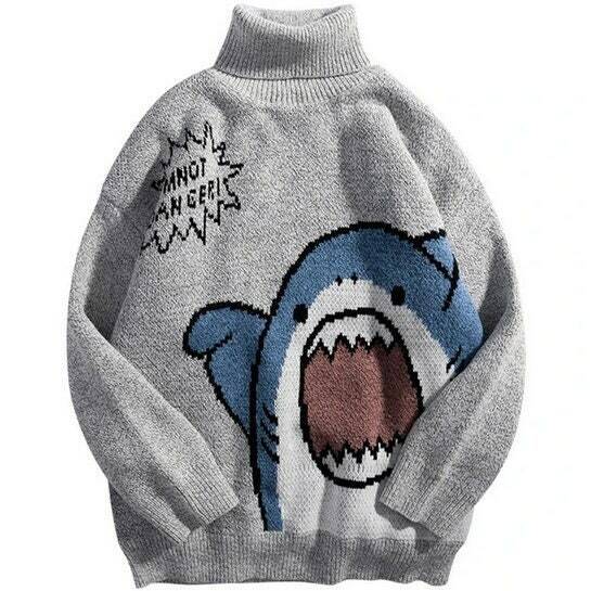 thick knitted pullover turtleneck sweater with cute shark print oversized pullover sweater y2k streetwear sweater unisex sweater apqmf