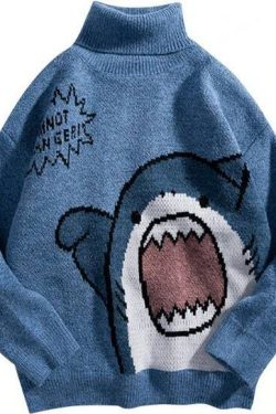 thick knitted pullover turtleneck sweater with cute shark print oversized pullover sweater y2k streetwear sweater unisex sweater jvqm3