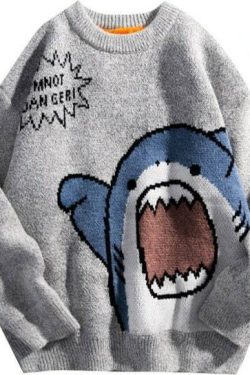 thick knitted pullover turtleneck sweater with cute shark print oversized pullover sweater y2k streetwear sweater unisex sweater qty7m