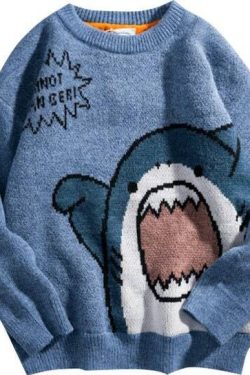 thick knitted pullover turtleneck sweater with cute shark print oversized pullover sweater y2k streetwear sweater unisex sweater zxmfj