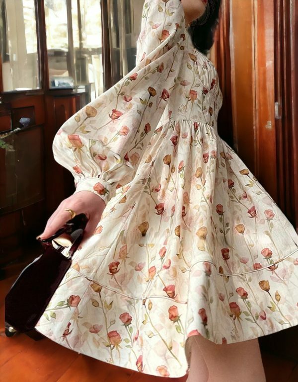 tulip floral design midi party dress bubble sleeve fairy dress cottagecore fashion french style tulle romantic dress ig2xe