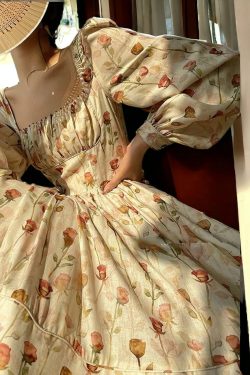 tulip floral design midi party dress bubble sleeve fairy dress cottagecore fashion french style tulle romantic dress tsj0j