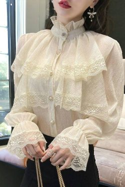 victorian chiffon white blouse lace blouse vintage ruffle long sleeve blouse korean fashion cl9ju