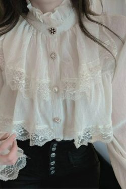 victorian chiffon white blouse lace blouse vintage ruffle long sleeve blouse korean fashion itu0o