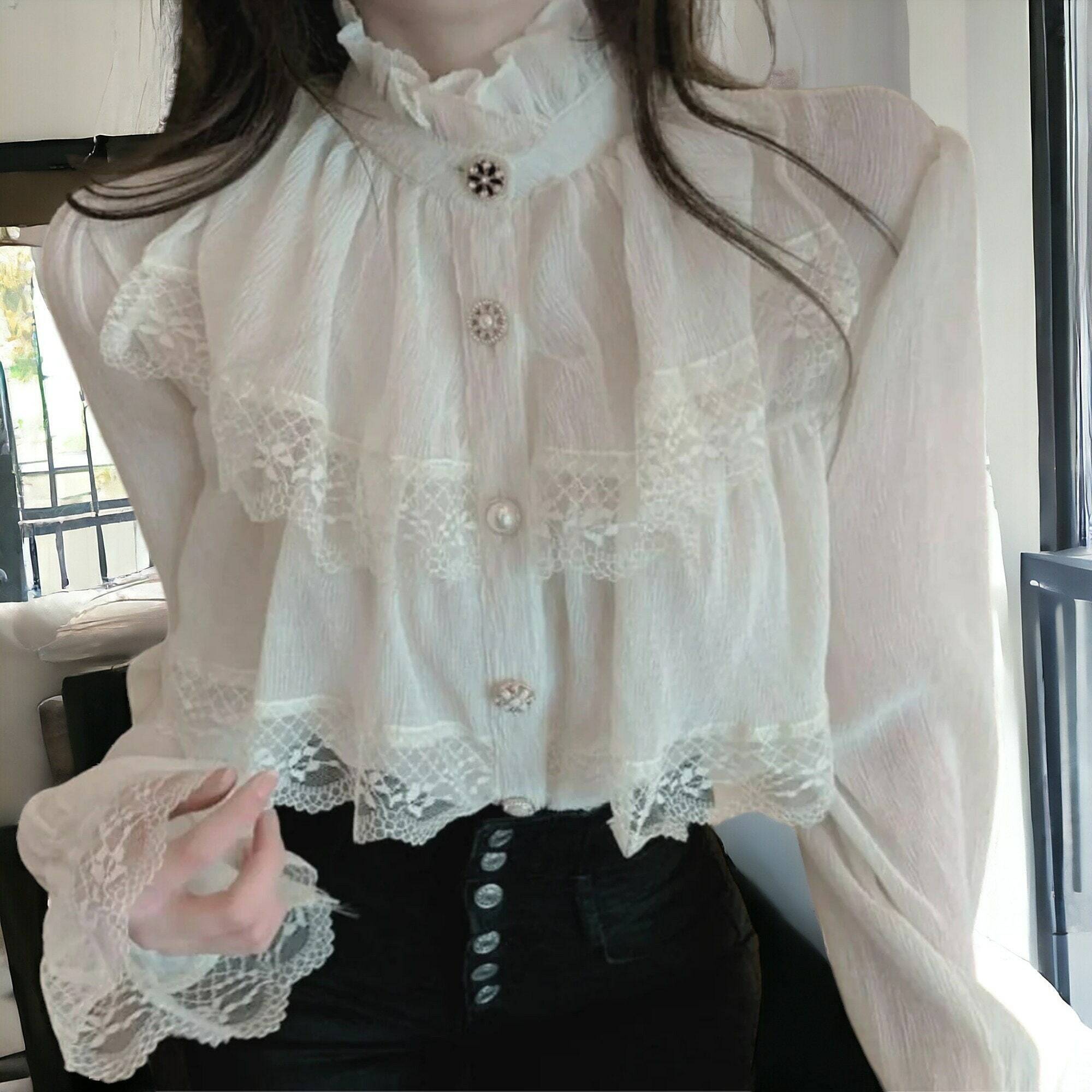 victorian chiffon white blouse lace blouse vintage ruffle long sleeve blouse korean fashion itu0o