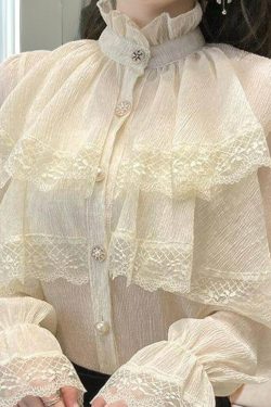 victorian chiffon white blouse lace blouse vintage ruffle long sleeve blouse korean fashion rfvgk