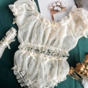 women short top sheer stars ultra thin gauze ruffles off shoulder sleeve tops shorts leg ring underwear set unswc