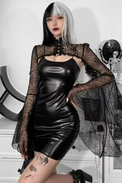 womens gothic punk black faux leather 2pcs mini dress set  vintage flare sleeve crop top and backless design y16by