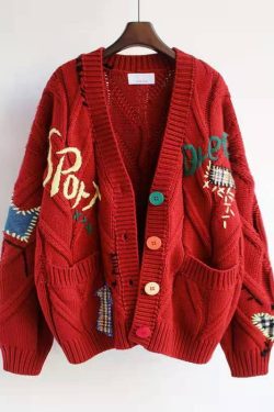 womens warm knitted cardigan sweater  cozy and stylish outerwear  jacket loose pocket embroidery fashion knit cardigan ladies jacket m87om