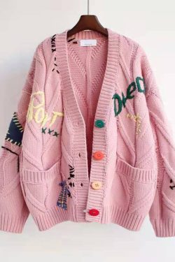 womens warm knitted cardigan sweater  cozy and stylish outerwear  jacket loose pocket embroidery fashion knit cardigan ladies jacket t0h82