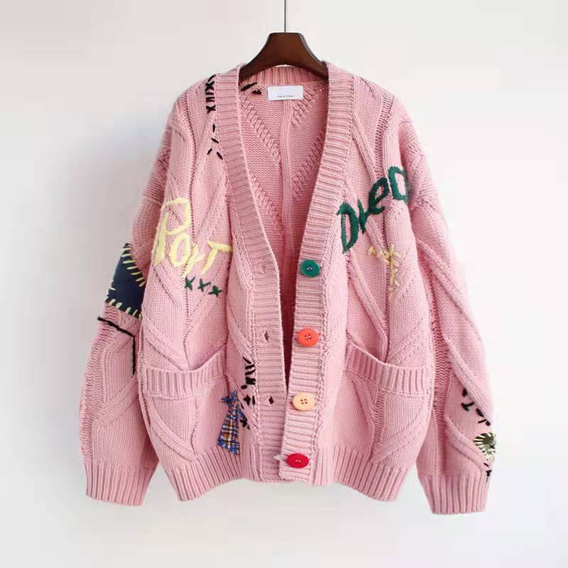 womens warm knitted cardigan sweater  cozy and stylish outerwear  jacket loose pocket embroidery fashion knit cardigan ladies jacket t0h82