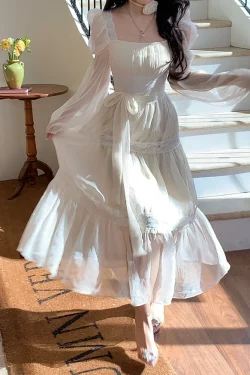 French Elegant Lace Midi Dress | Summer Party Long Sleeve Fashion Beach Chiffon Fairy Dress